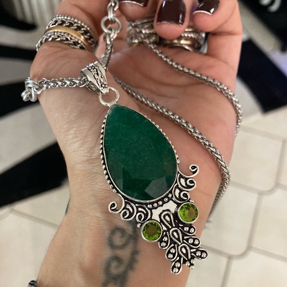 925 sterling silver overlay green emerald & peridot stones boho silver necklace - Picture 7 of 13